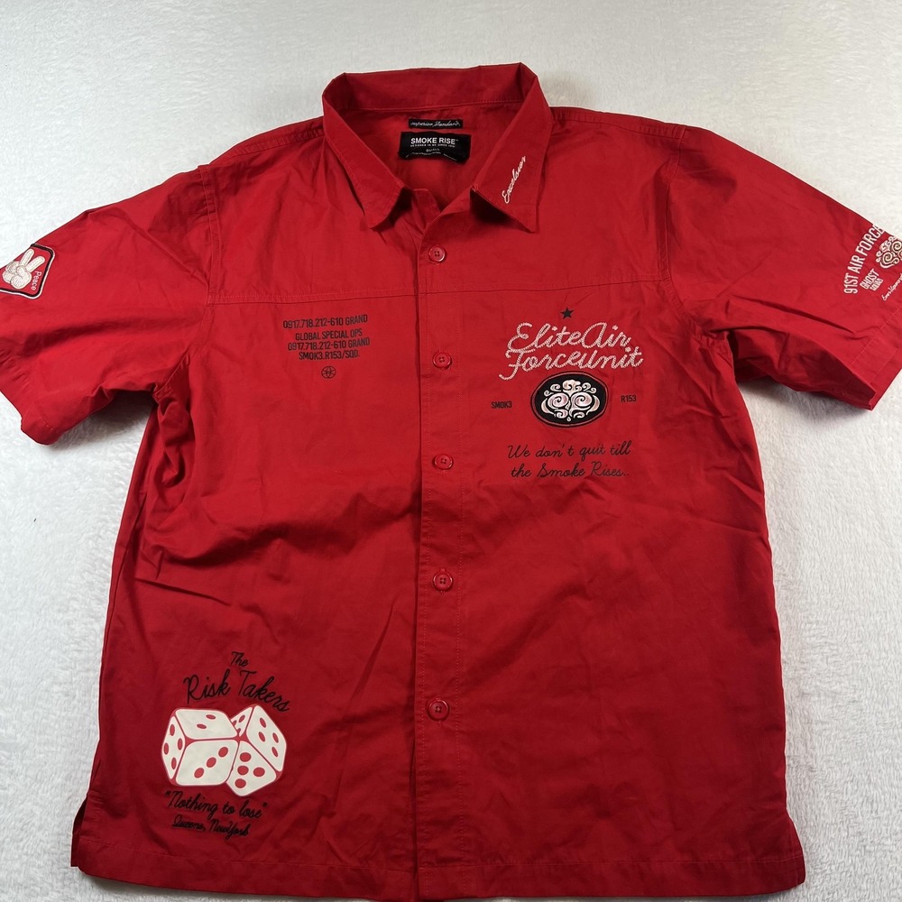 Smoke Rise Shirt Mens Small Red Dice Graphic Short Sleeve Button Up Military